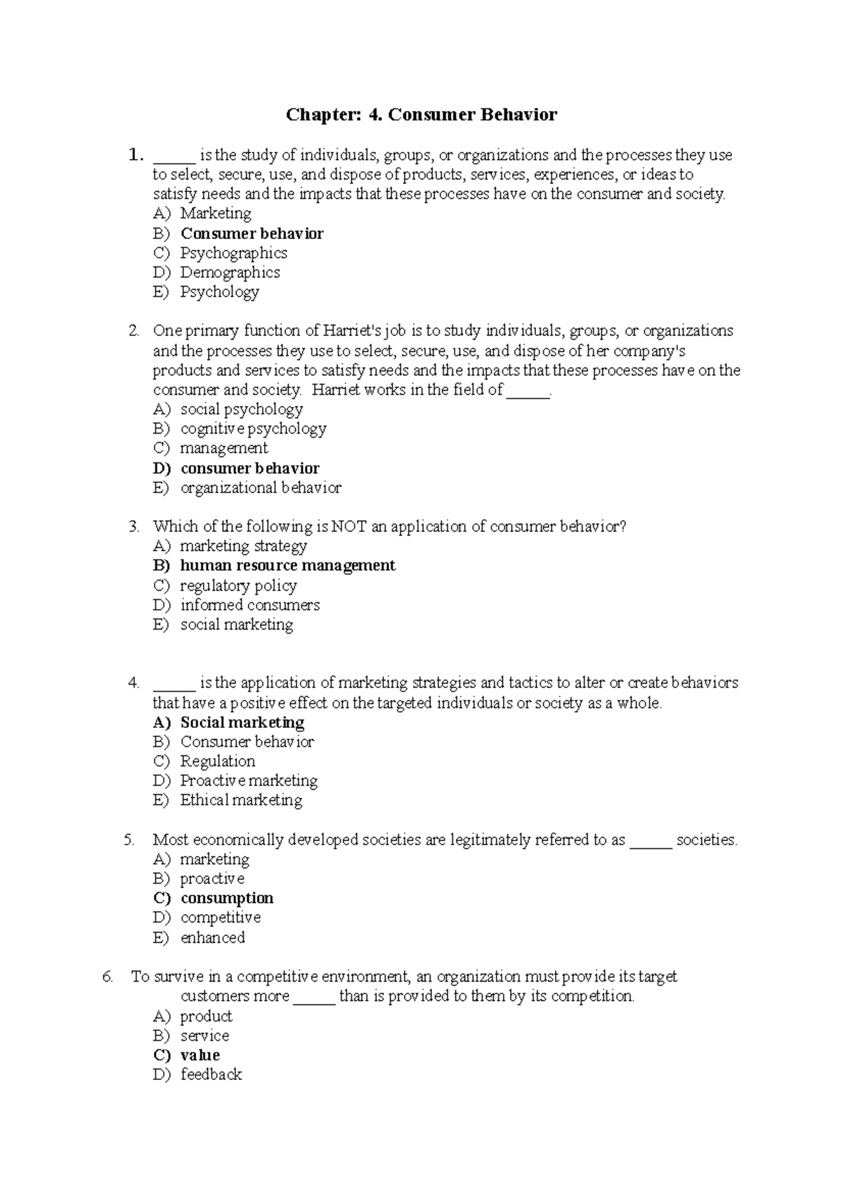 BOM Chapter 4 - MCQ's on Consumer Behavior in Marketing - Studocu