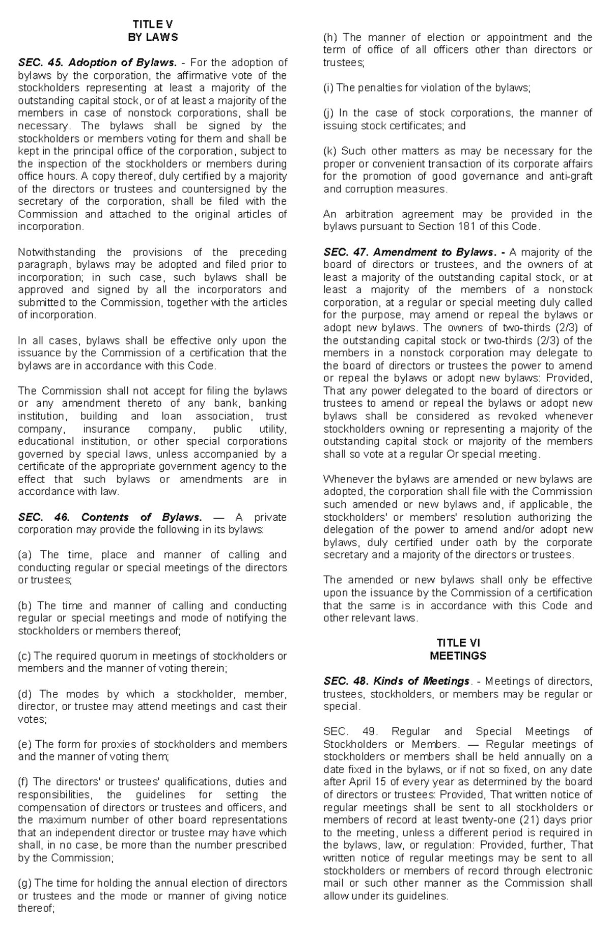 Title V Corpo RCC Reviewer - TITLE V BY LAWS SEC. 45. Adoption of ...