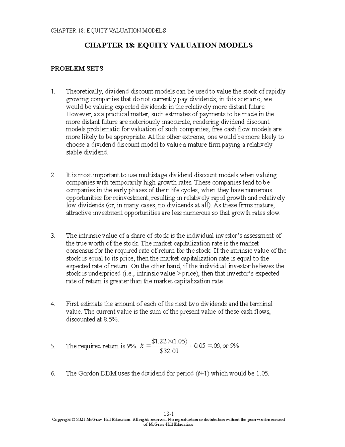 Bodie Investments 12e SM Chapter 18: Equity Valuation Models Summary ...