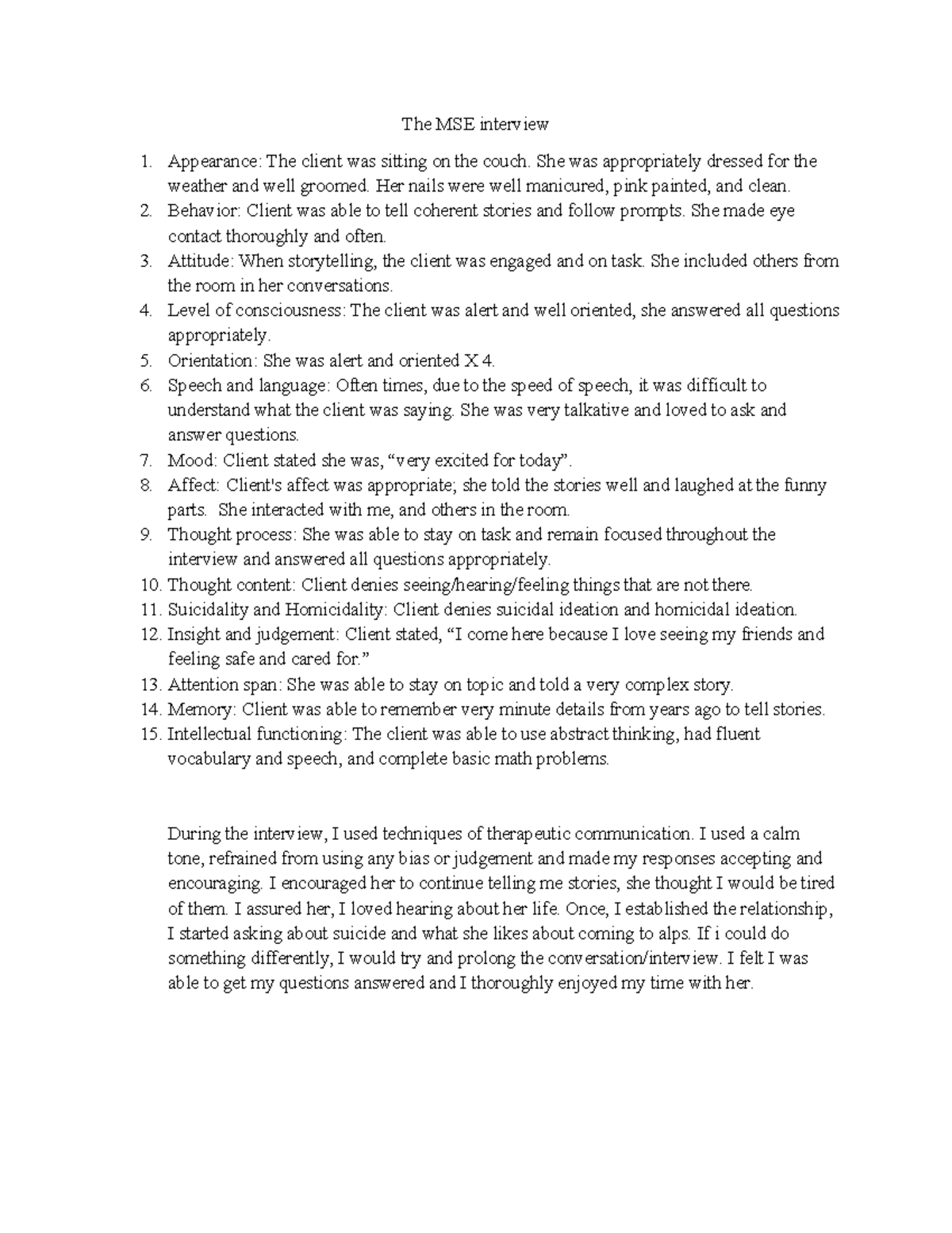 MSE interview notes for Cruz - Mental health assessment - Studocu