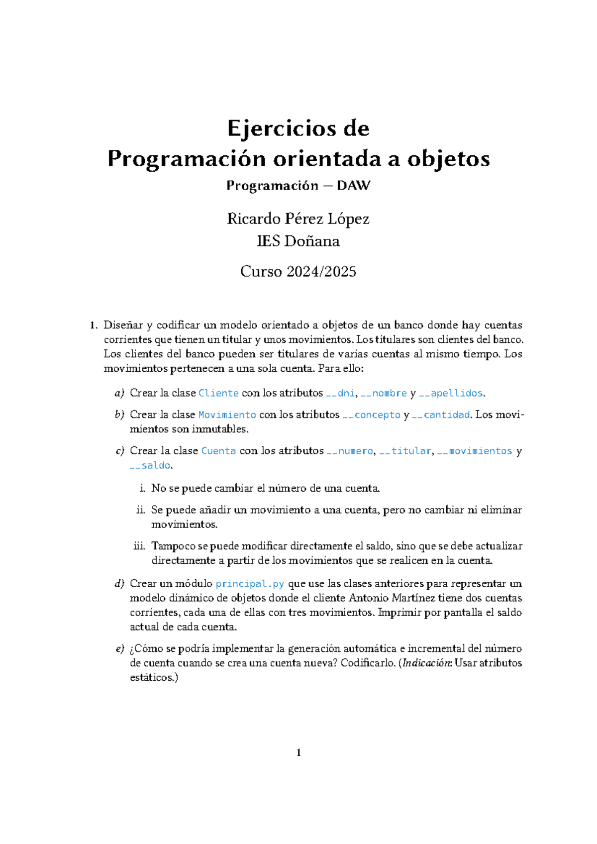 Ejercicios de Programación Orientada a Objetos - DAW 2024 - Studocu