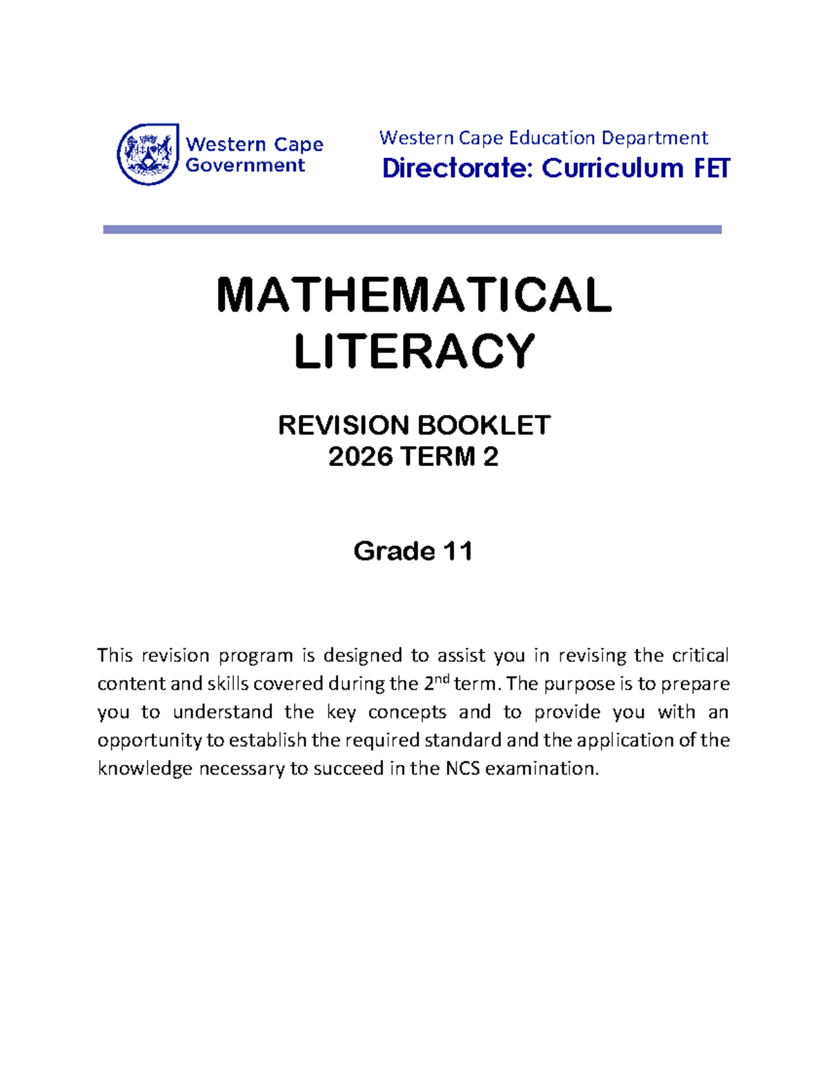 Mathematical Literacy Grade 11 Term 2 Revision Booklet 2026 - Studocu