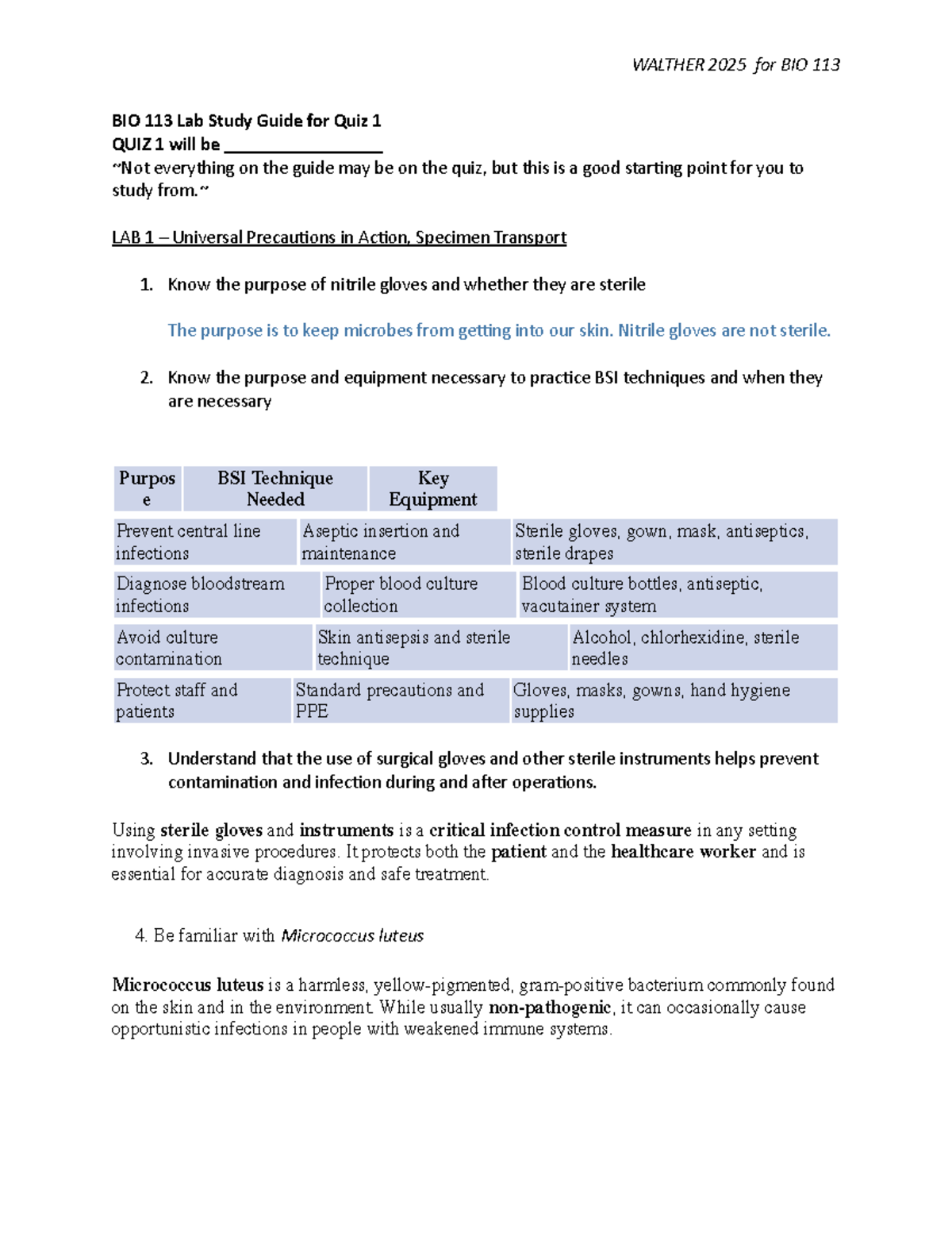 BIO 113 Lab Study Guide for Quiz 1 - Walther 2025 - Studocu