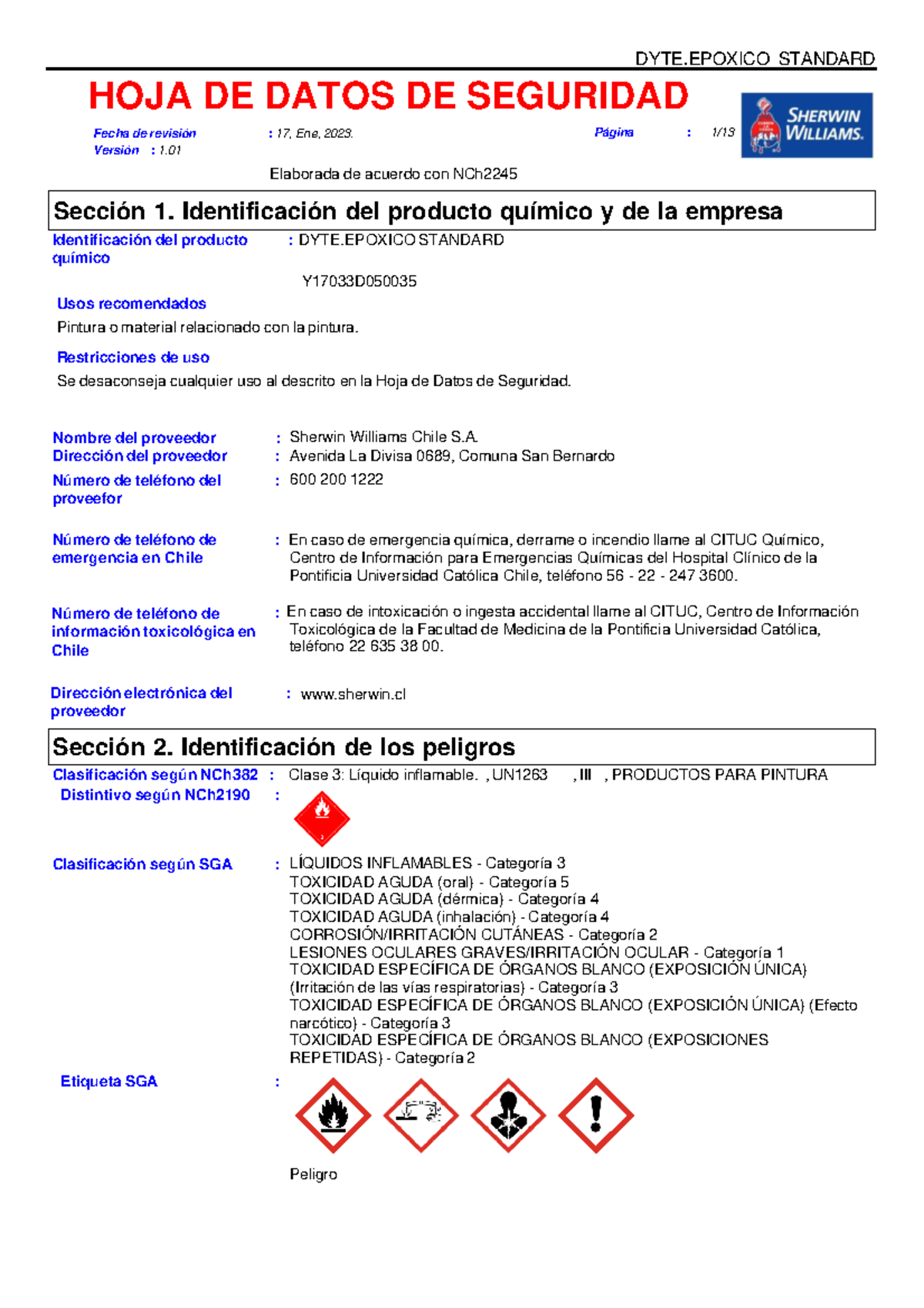 HOJA DE DATOS DE SEGURIDAD DYTE.EPOXICO STANDARD Y17033D - A.2623 - Document Preview