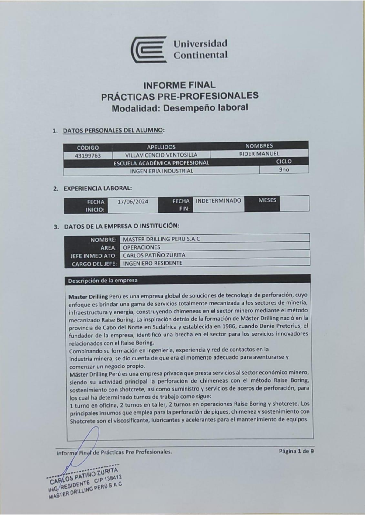 Informe Final de Prácticas Laborales - Universidad Continental 43199763-1 INF - Document Preview