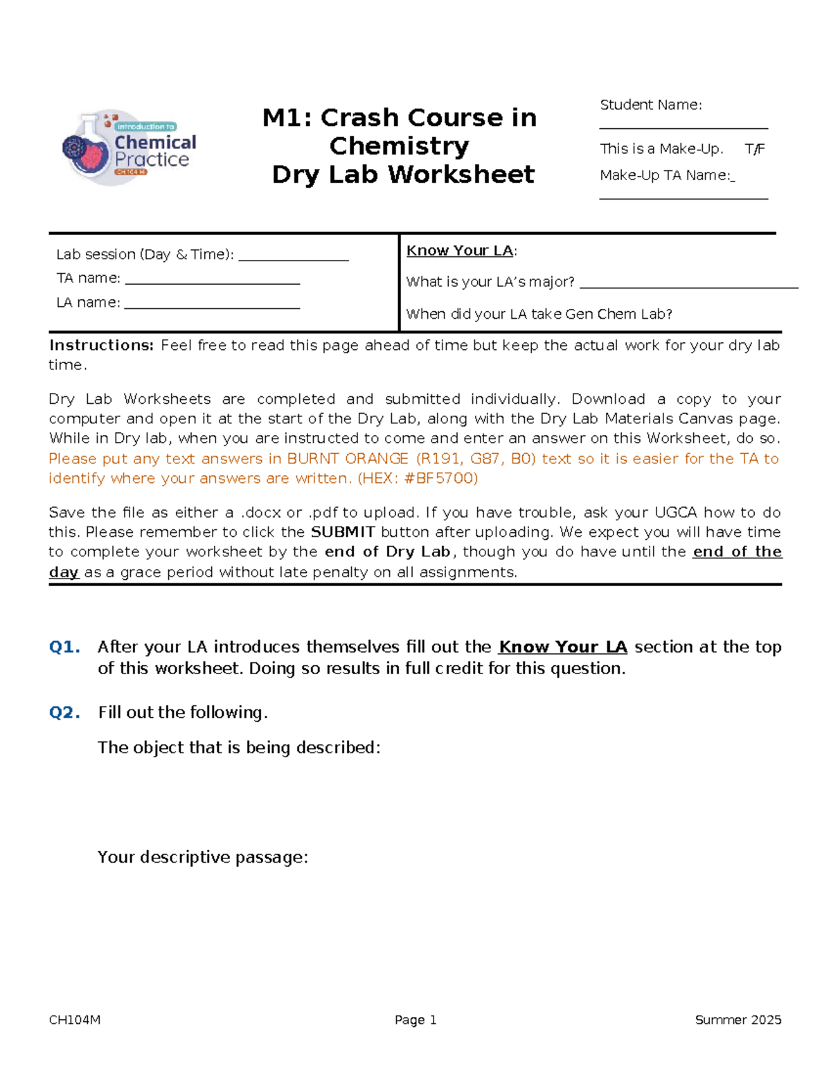 CH104M M1 Dry Lab Worksheet: Crash Course in Chemistry - Studocu