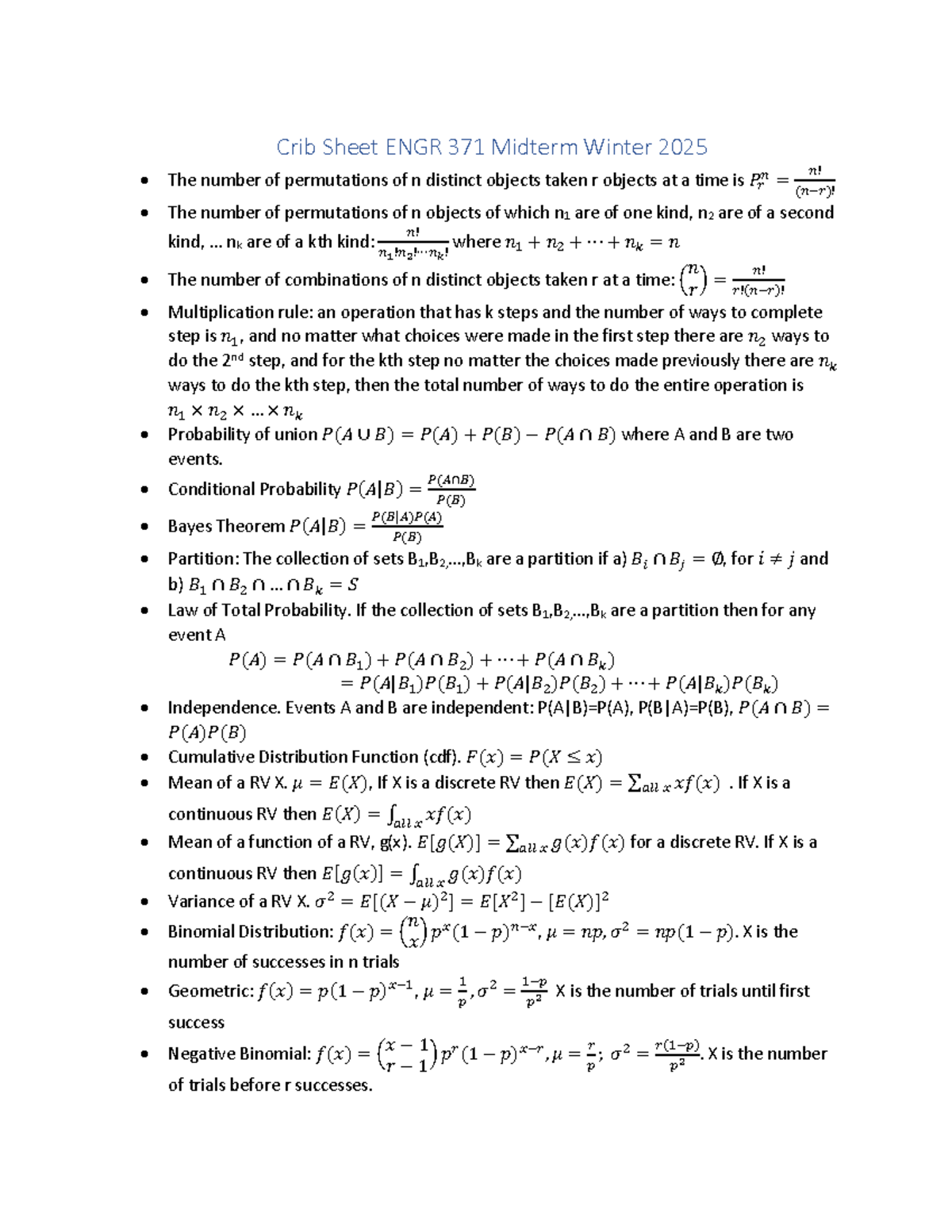 ENGR 371 Midterm Formula Sheet 2025 - Crib Sheet ENGR 371 Midterm ...