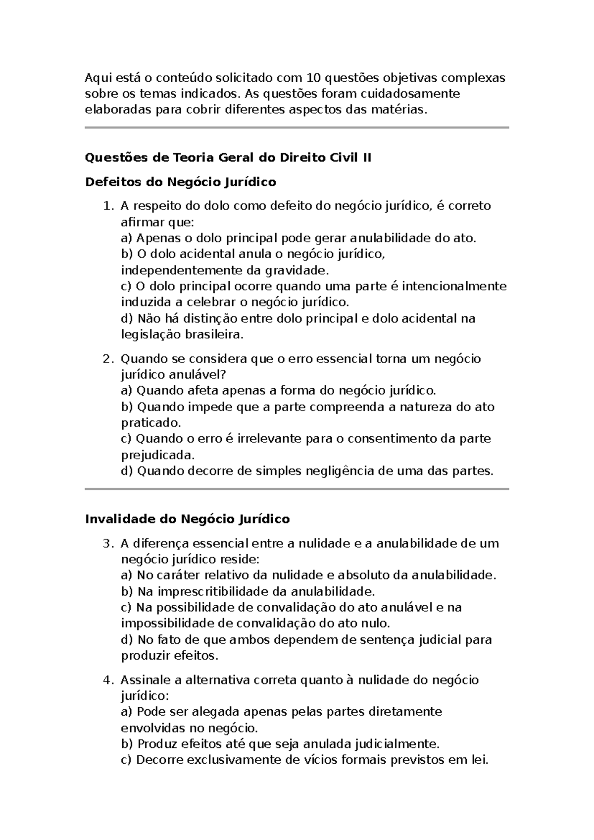 Questões Objetivas sobre Teoria Geral do Direito Civil II - Complexas ...