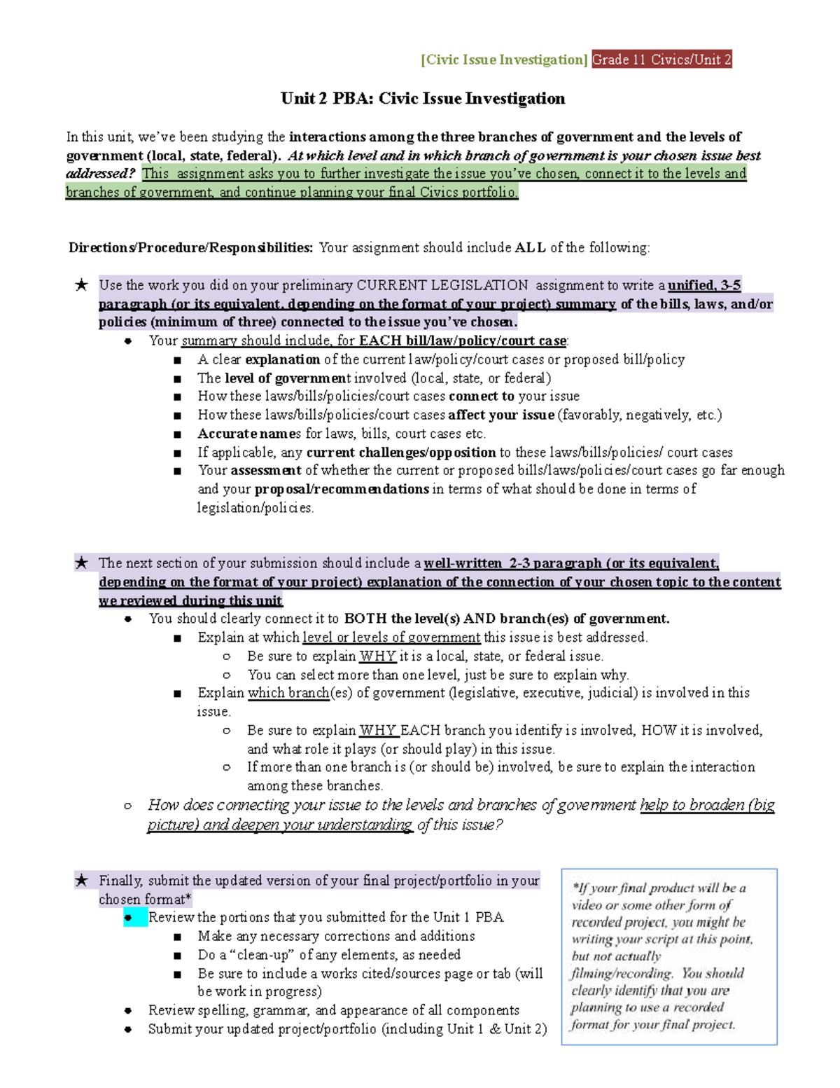 Unit 2 Civics PBA: Investigating Civic Issues and Government ...