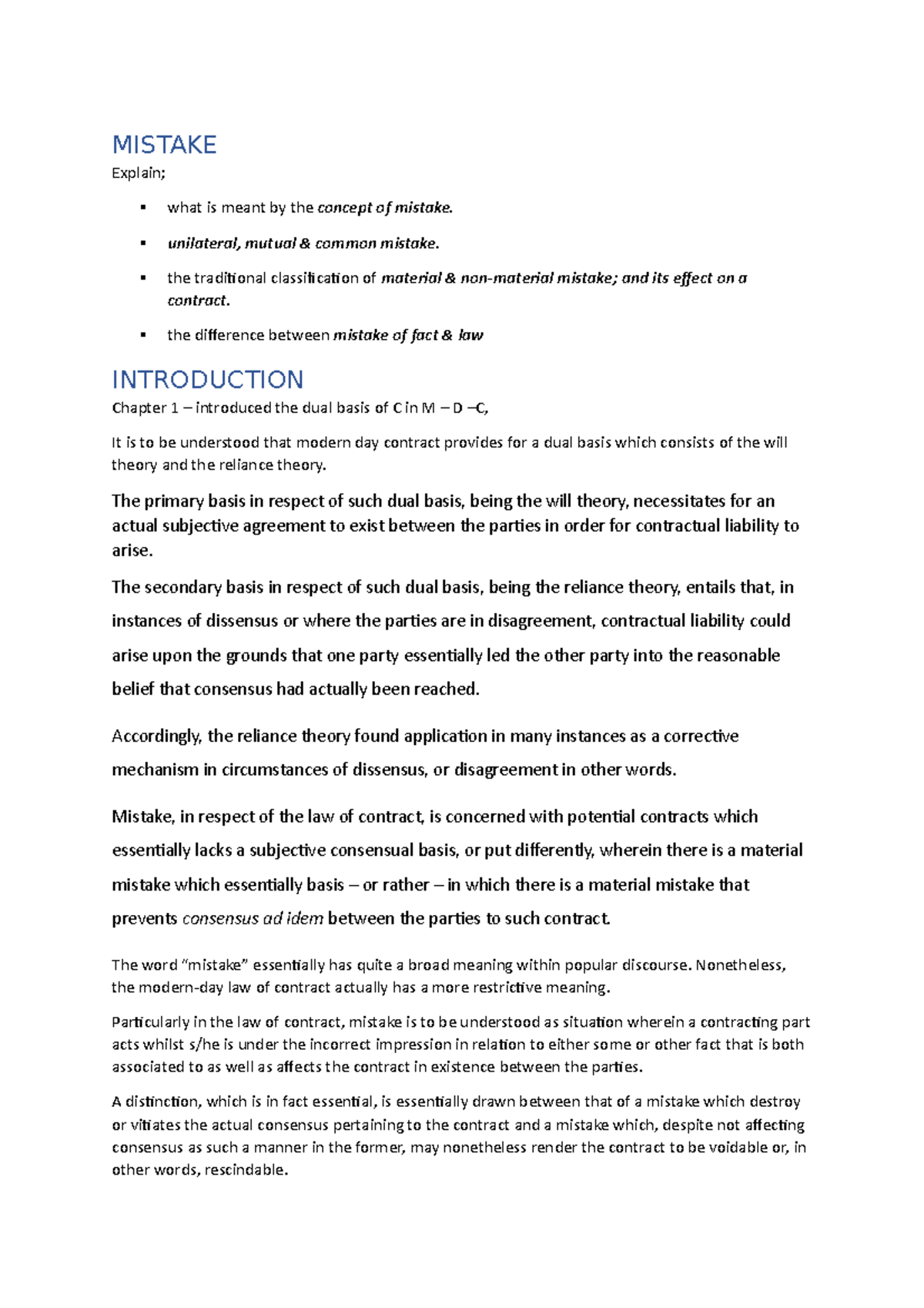 Mistake in Contract Law - Lecture Notes 5 (Course Code: C123) - Studocu