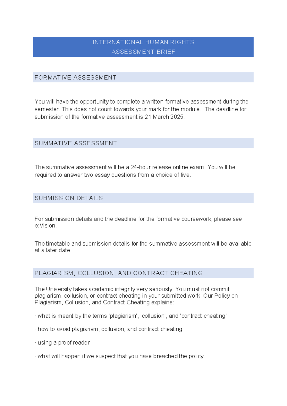 Assessment Brief - International Human Rights Law - INTERNATIONAL HUMAN ...