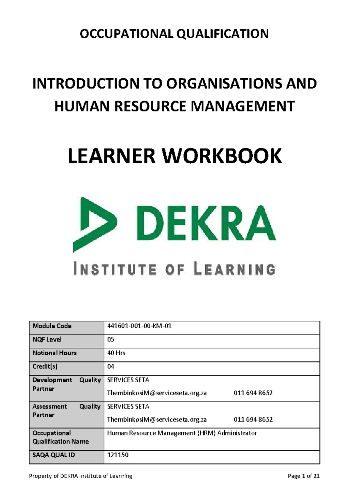 OCCUPATIONAL QUALIFICATION: HRM Administrator Learner Workbook (NQF 05 ...