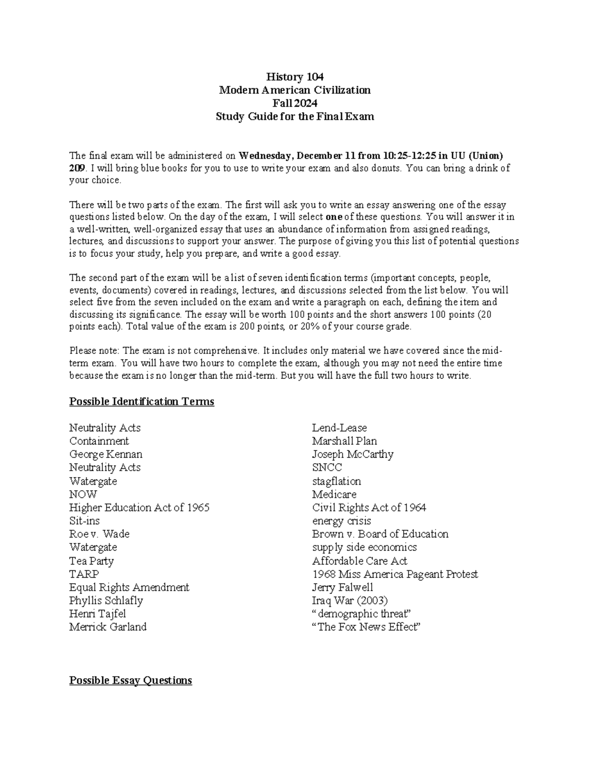 HIST 104 Final Exam Study Guide - Fall 2024 Essentials - Studocu