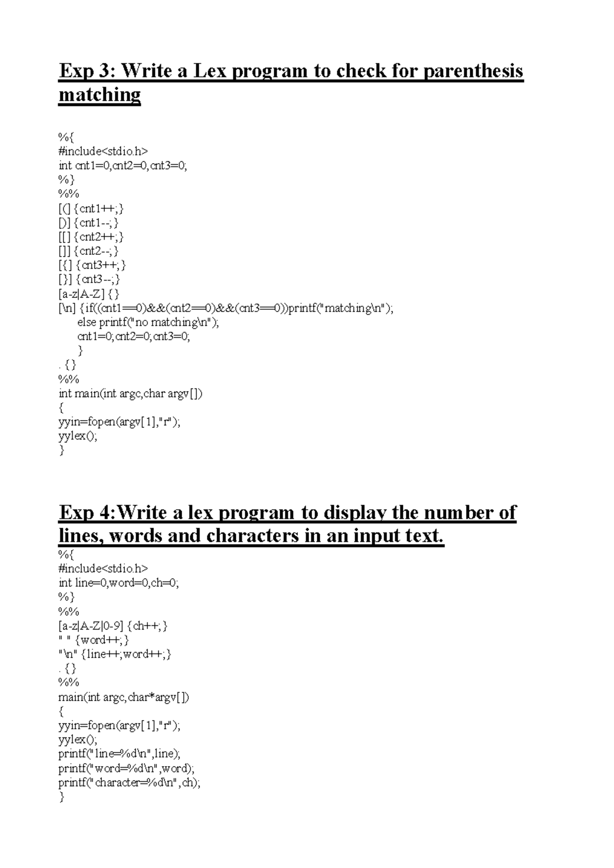 Compilerlexyaac - Work - Exp 3: Write a Lex program to check for ...