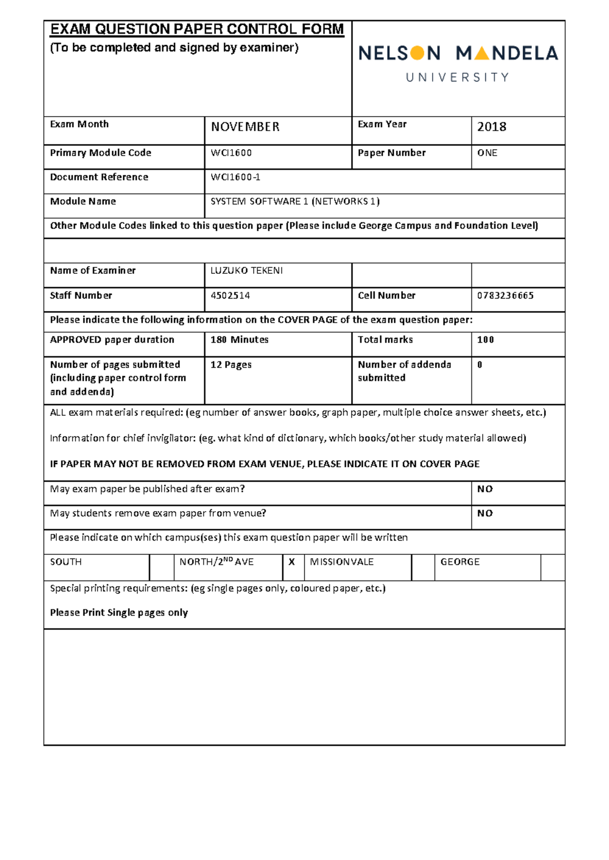 WCI1600 November 2018 Exam Paper - Networks 1 (System Software 1) - Studocu