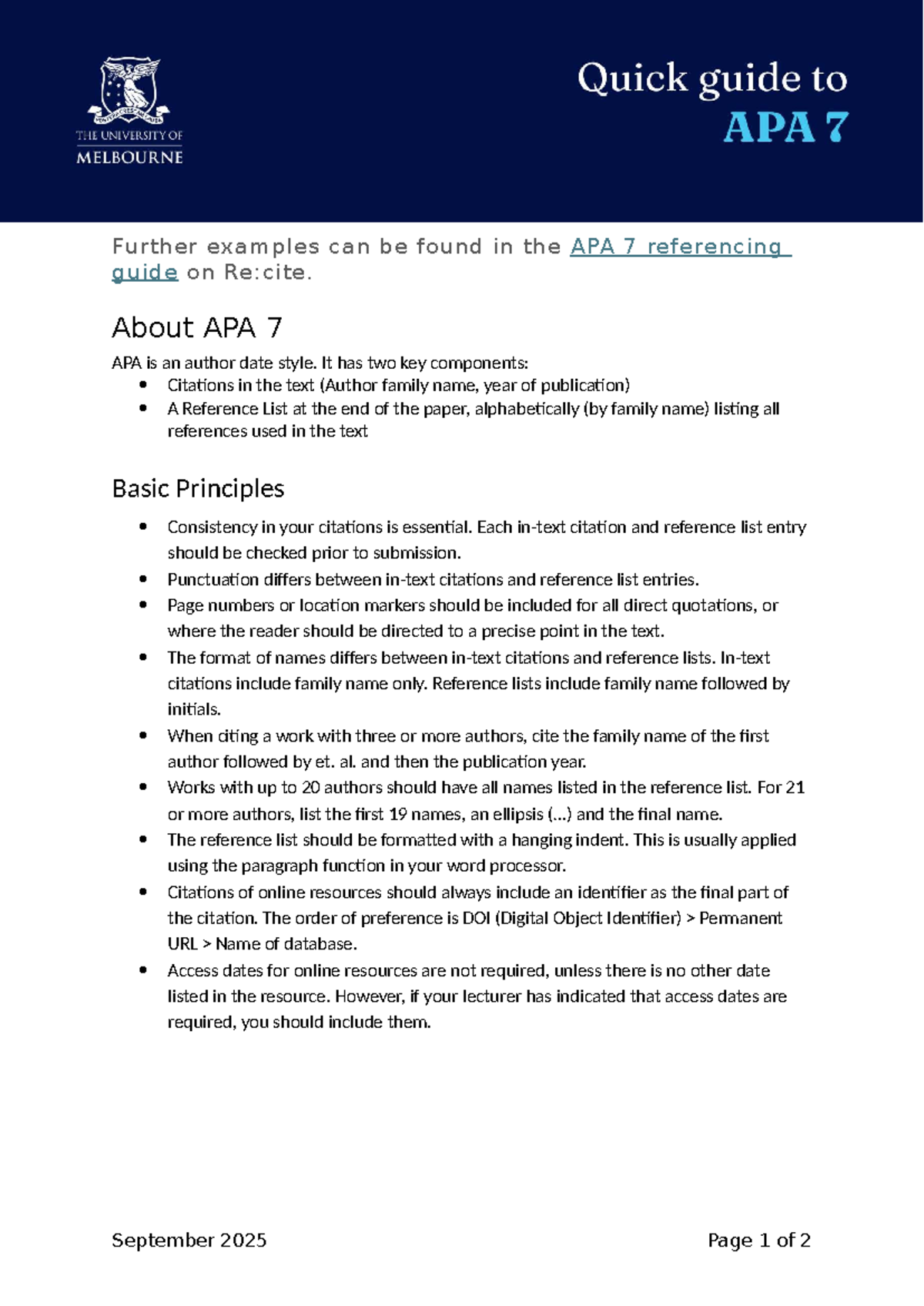 APA 7 Quick Reference Guide: Key Principles & Examples - Studocu