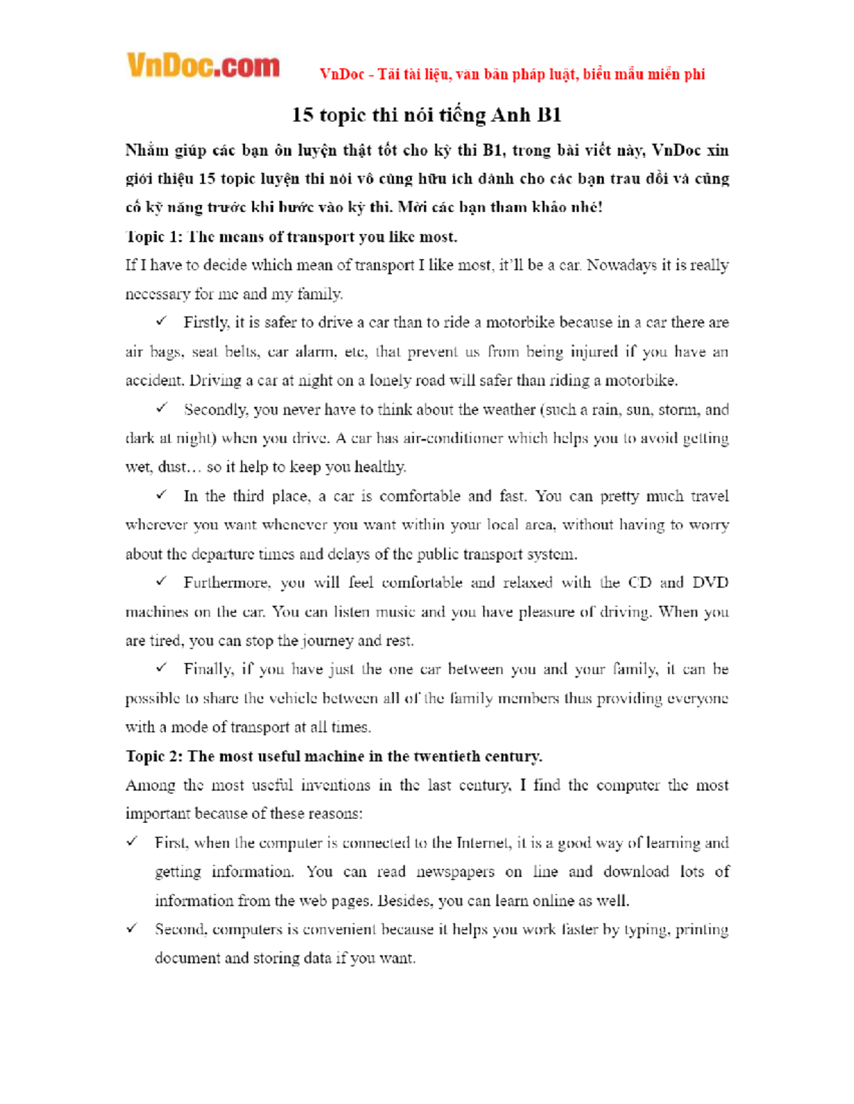 15 Topics for English Speaking Practice B1 Exam Preparation - Studocu