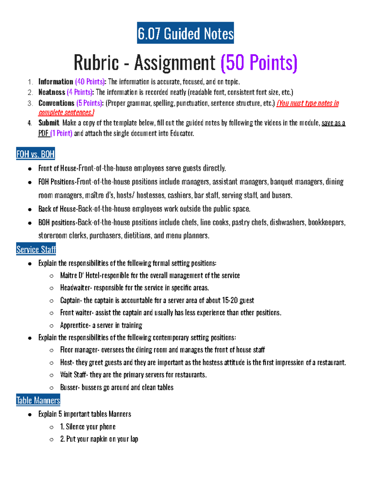 6.07 Guided Notes: FOH vs. BOH Roles & Kitchen Stations Overview - Studocu