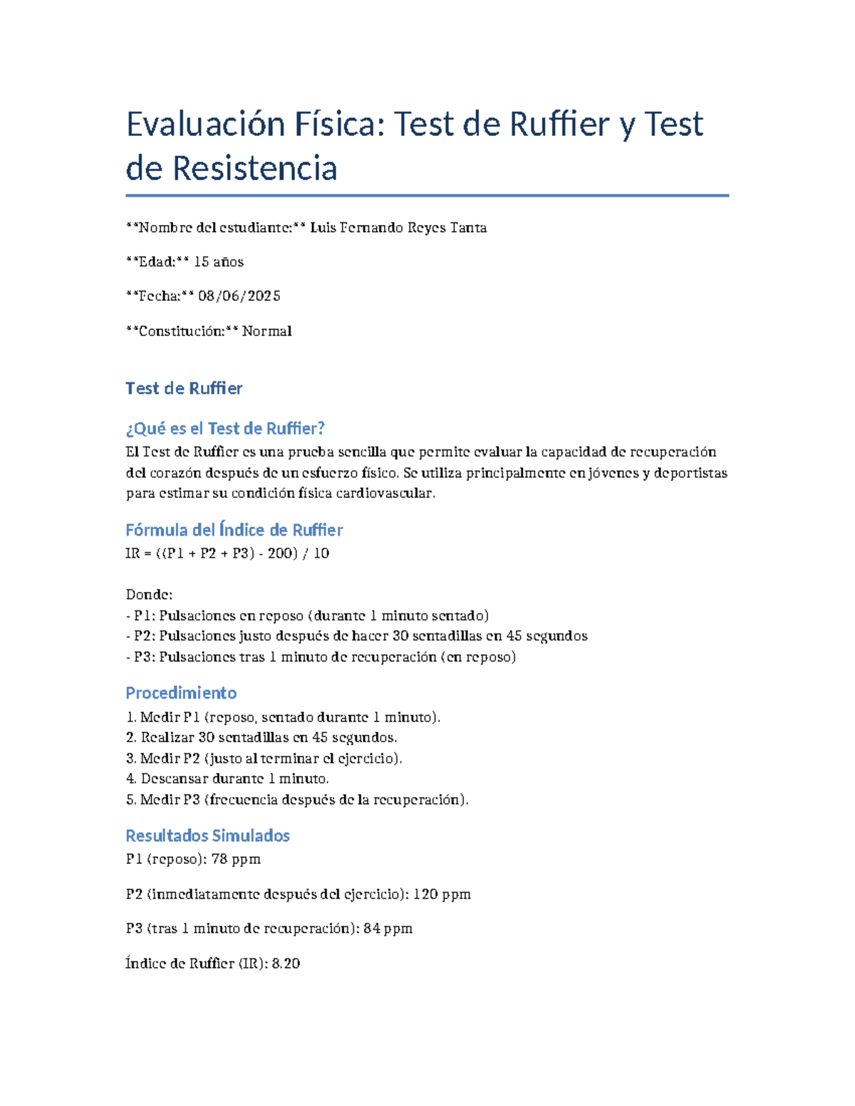 Test de Ruffier y Resistencia: Evaluación Física para Jóvenes - Studocu