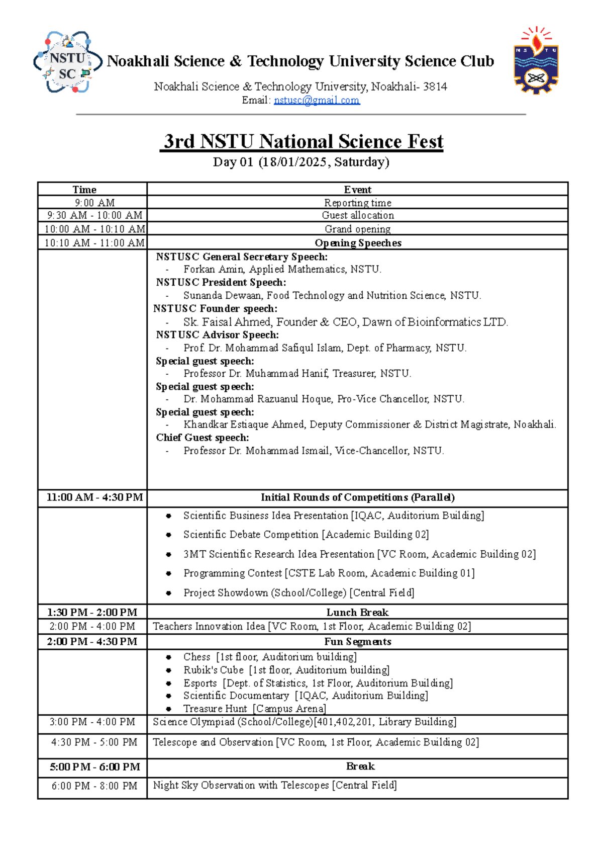 3rd NSTU National Science Fest Schedule - January 18, 2025 - Studocu