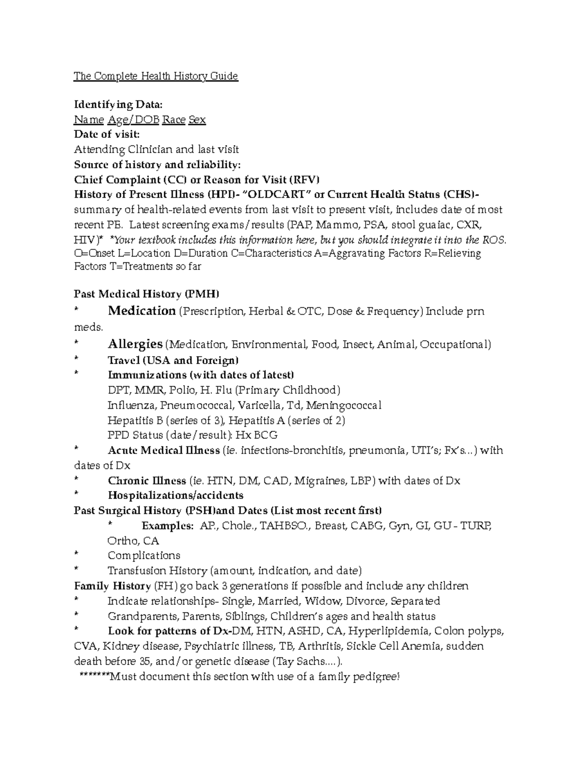 Final Exam Study Guide: Comprehensive Health History Overview - Studocu