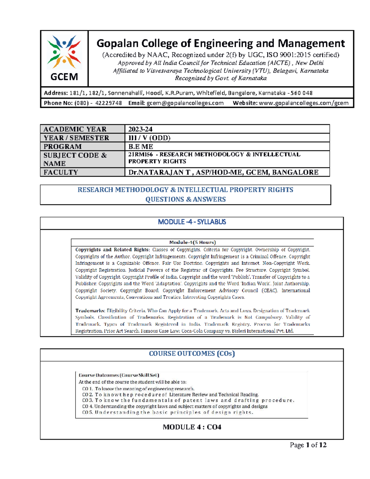 GCEM B.E. 21RMI56 Research Methodology & Intellectual Property Rights Q ...
