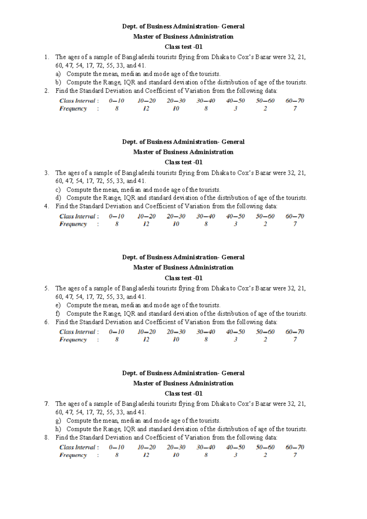 Class test -1 - Dept. of Business Administration- General Master of ...