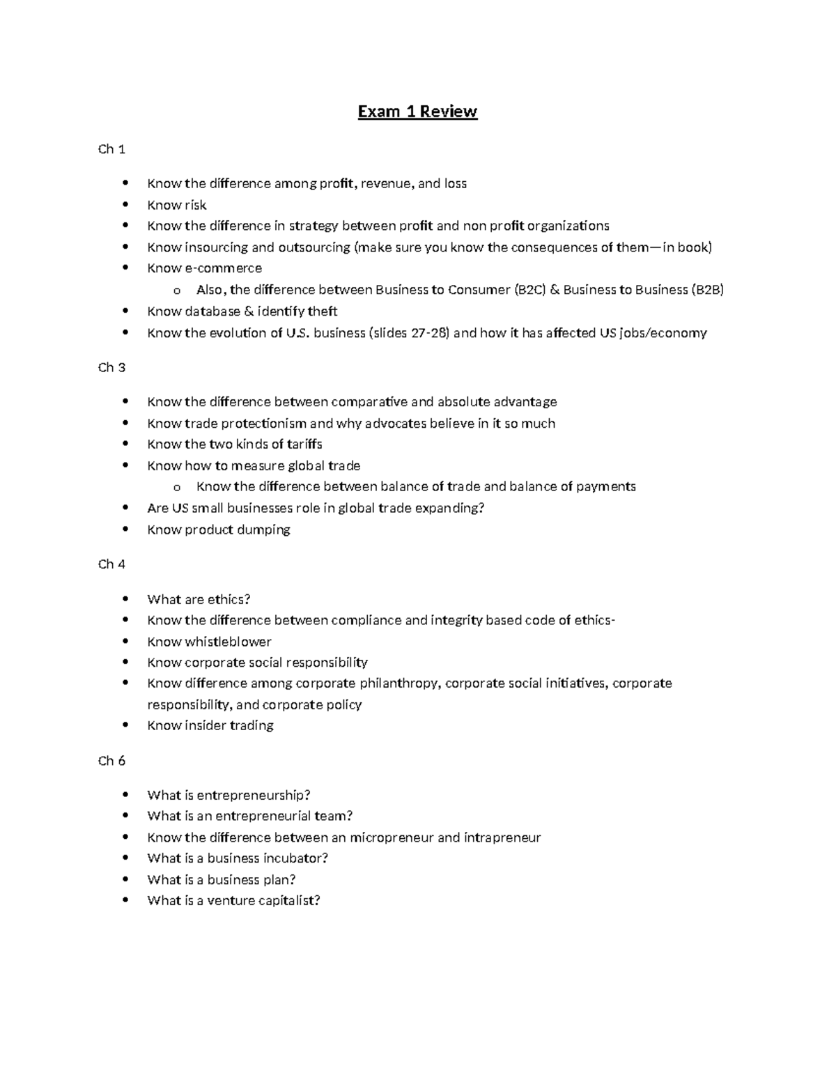 Business Concepts Exam 1 Review: Key Topics & Strategies - Studocu