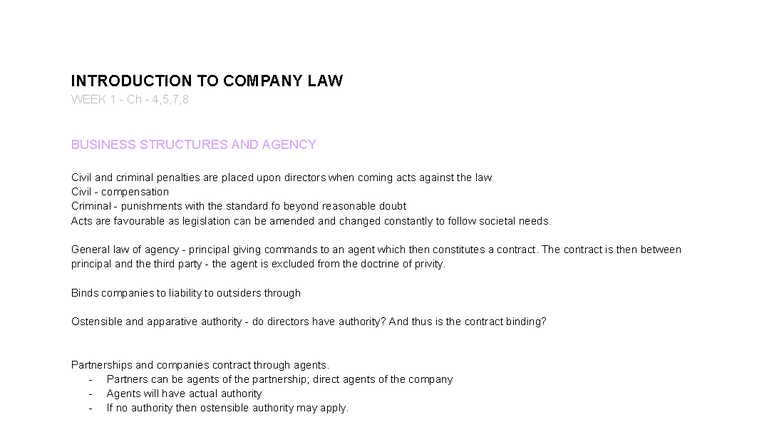 WEEK 1 - Intro to Company Law: Business Structures & Agency Concepts ...