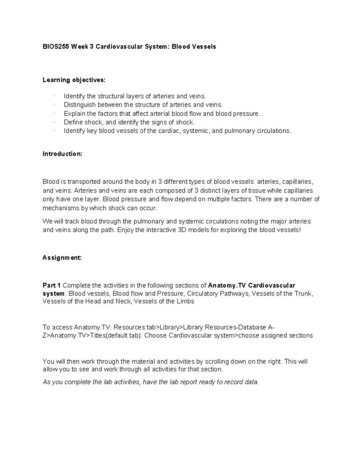 BIOS255 Week 3 Lab Report: Understanding Blood Vessels and Circulation ...