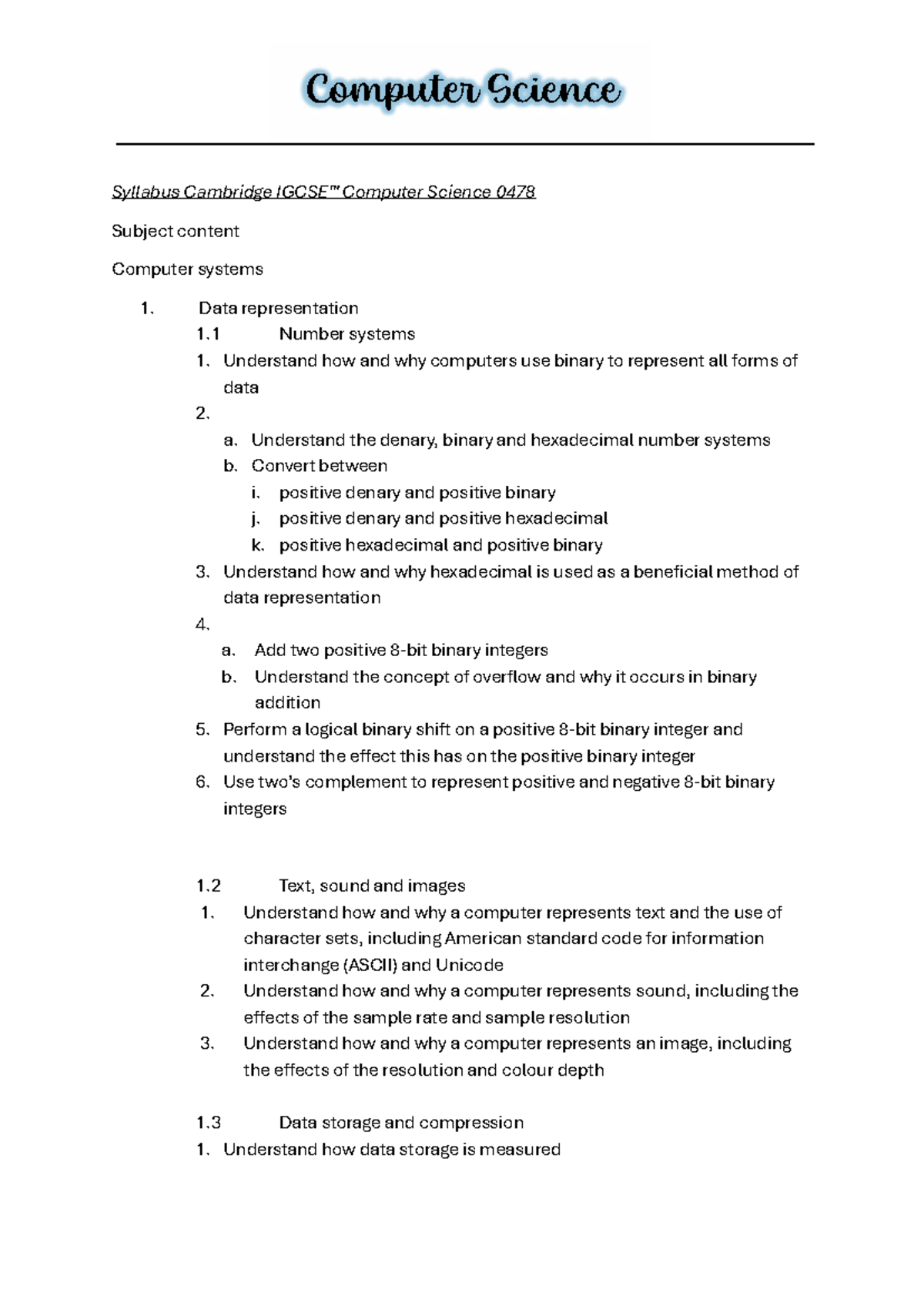 Computer Science 0478 syllabus: Data representation and transmission ...