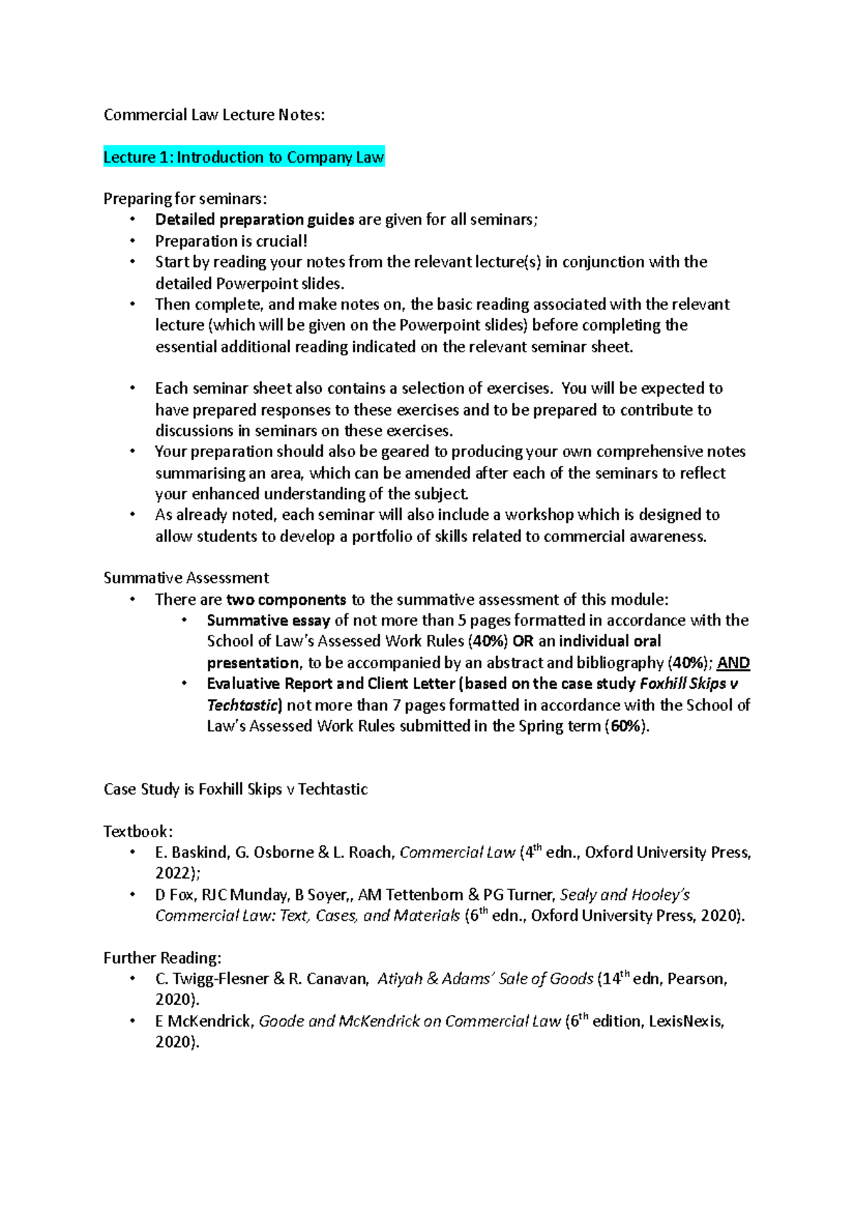 Commercial Law Lecture Notes (CL101): Key Concepts & Case Studies - Studocu