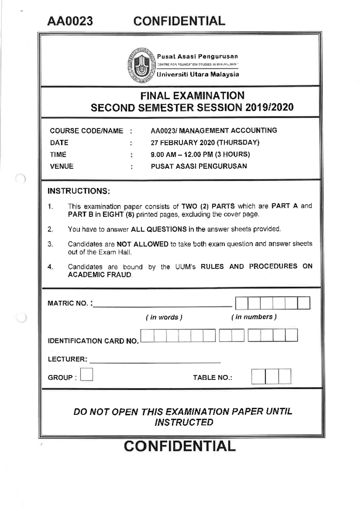 Final EXAM AP192 Q - ASASI MANAGEMENT ACCOUNTING - AA0023 CONFIDENTIAL ...