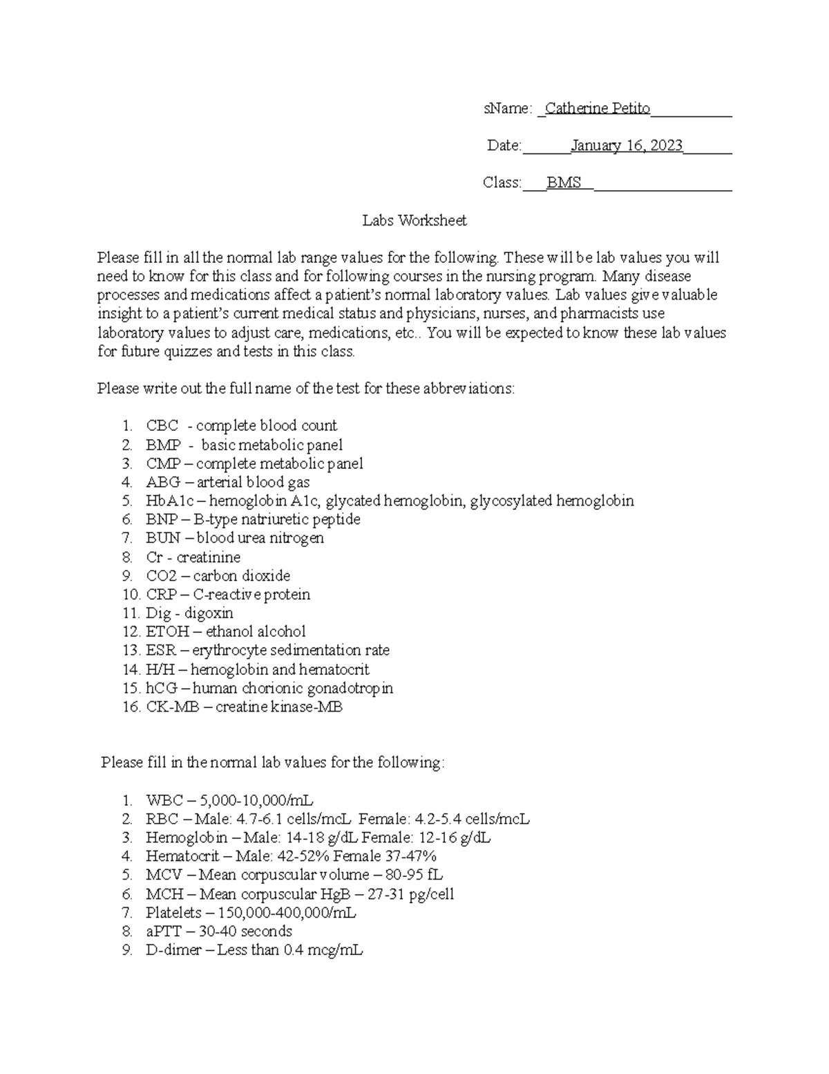 BMS-2 Lab Values Worksheet: Key Normal Ranges and Acronyms - Studocu