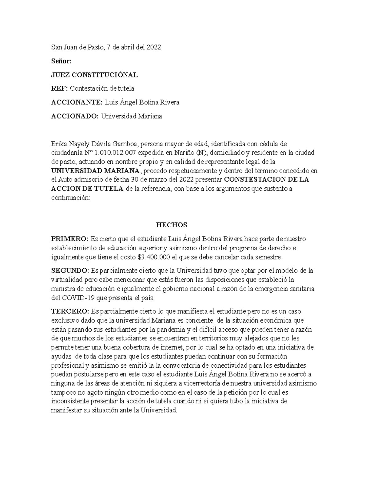 Contestación de Tutela - Universidad Mariana, Caso Luis Ángel Botina ...