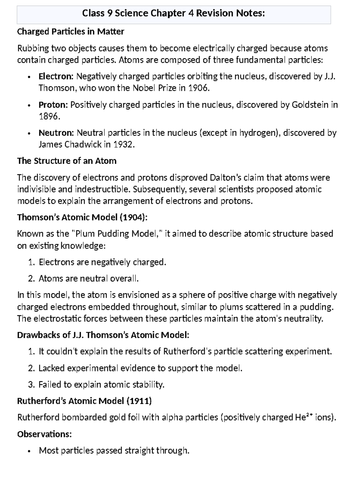 Class 9 Science Chapter 4 Revision Notes: Charged Particles & Atomic ...