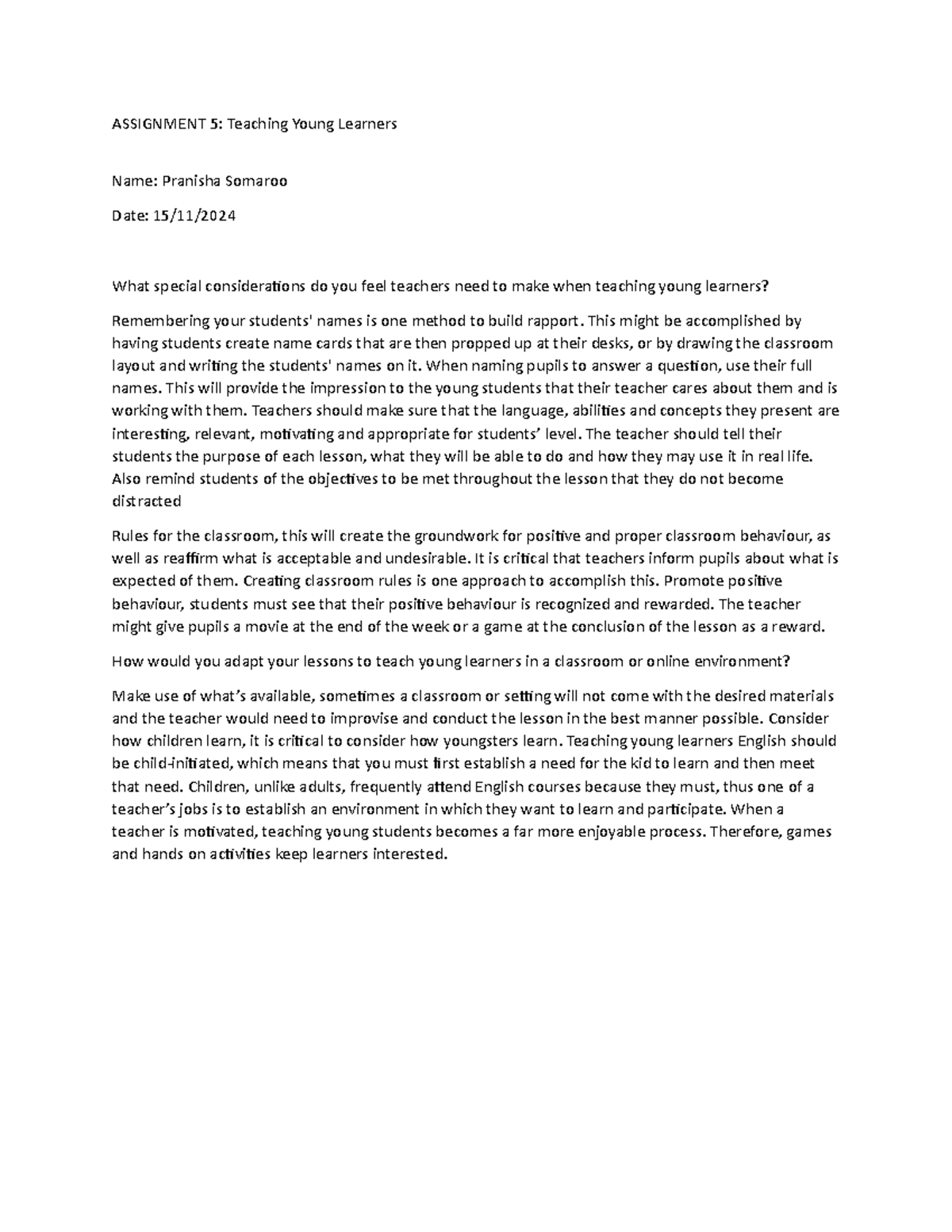 Teaching Young Learners: Assignment 5 Insights and Strategies - Studocu