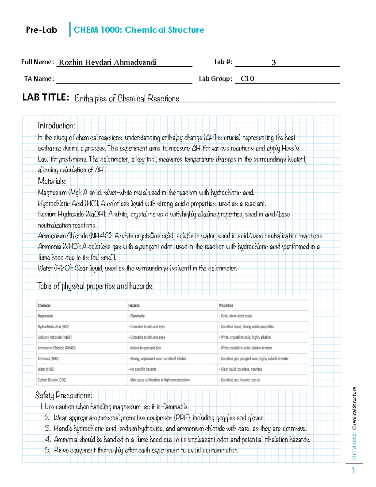 CHEM 1000: Pre-Lab Notes on Chemical Structure Experiment - Studocu