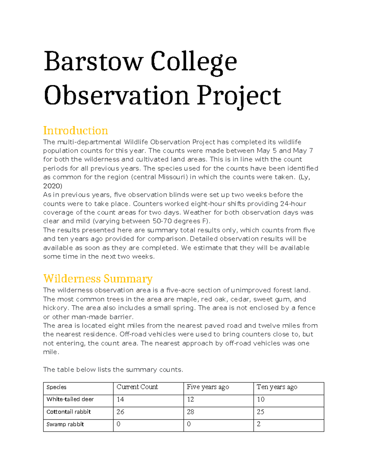 Barstow College Wildlife Observation Project Summary (Proj 5) - Studocu