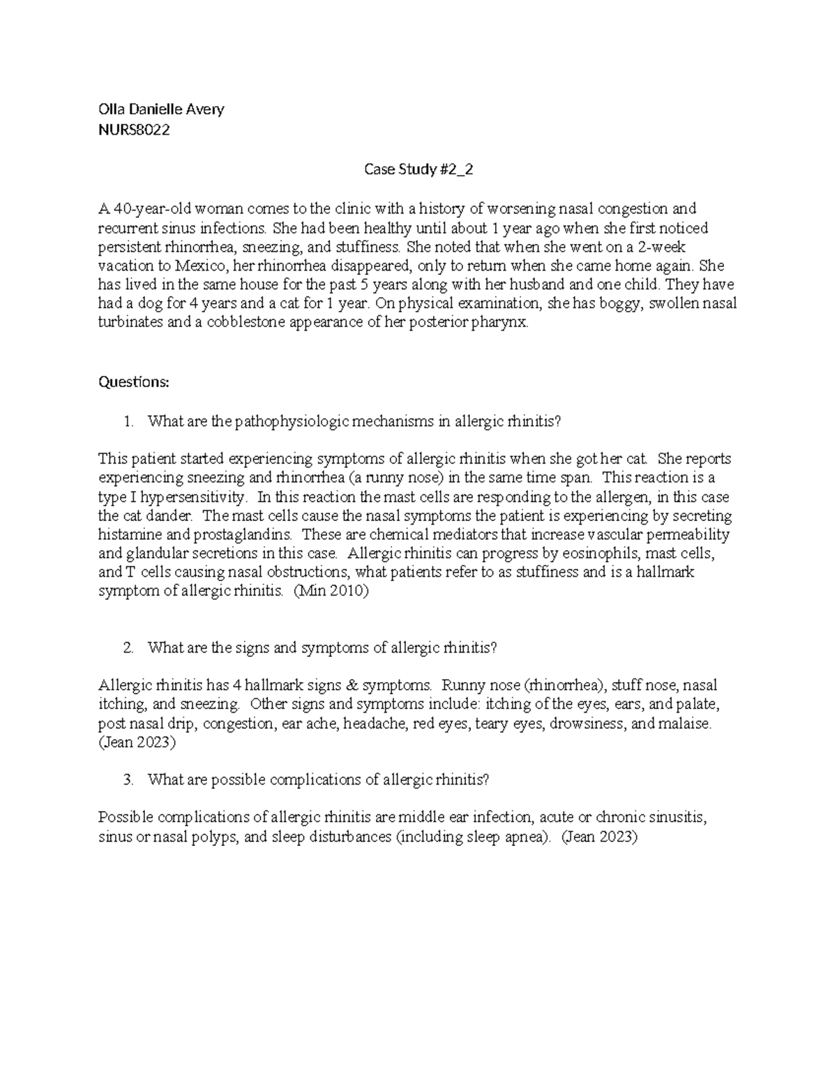 NURS8022 Case Study #2: Pathophysiology of Allergic Rhinitis - Studocu