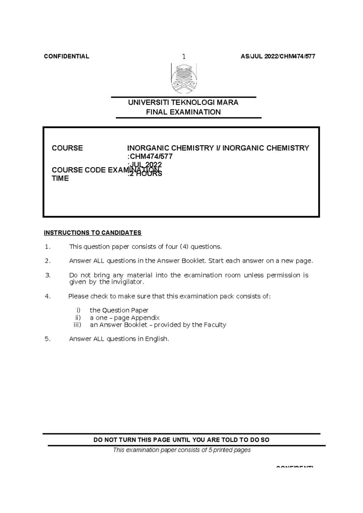 CHM474 577 Aug 2022 Questions - COURSE : COURSE CODE EXAMINATION TIME ...