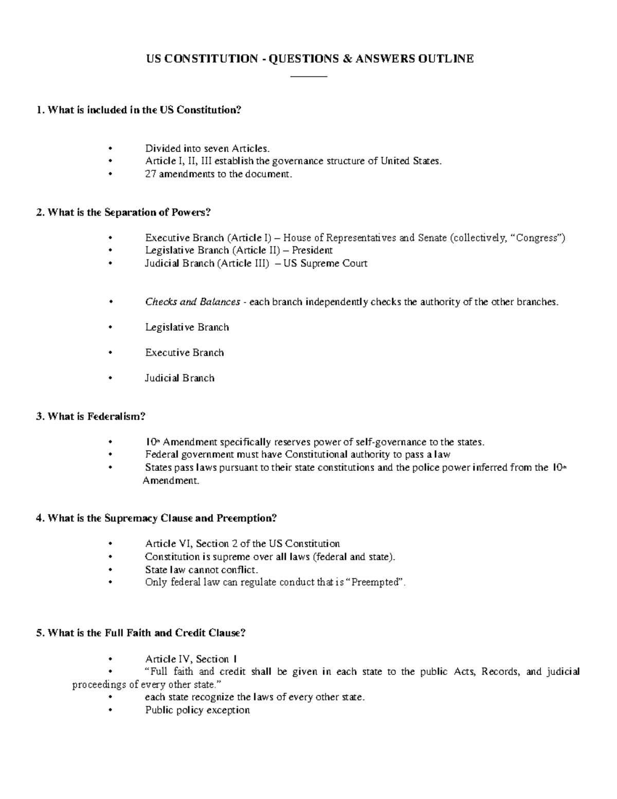 U.S. Constitution Q &amp; A Outline - US CONSTITUTION - QUESTIONS &amp; ANSWERS OUTLINE What is included ...