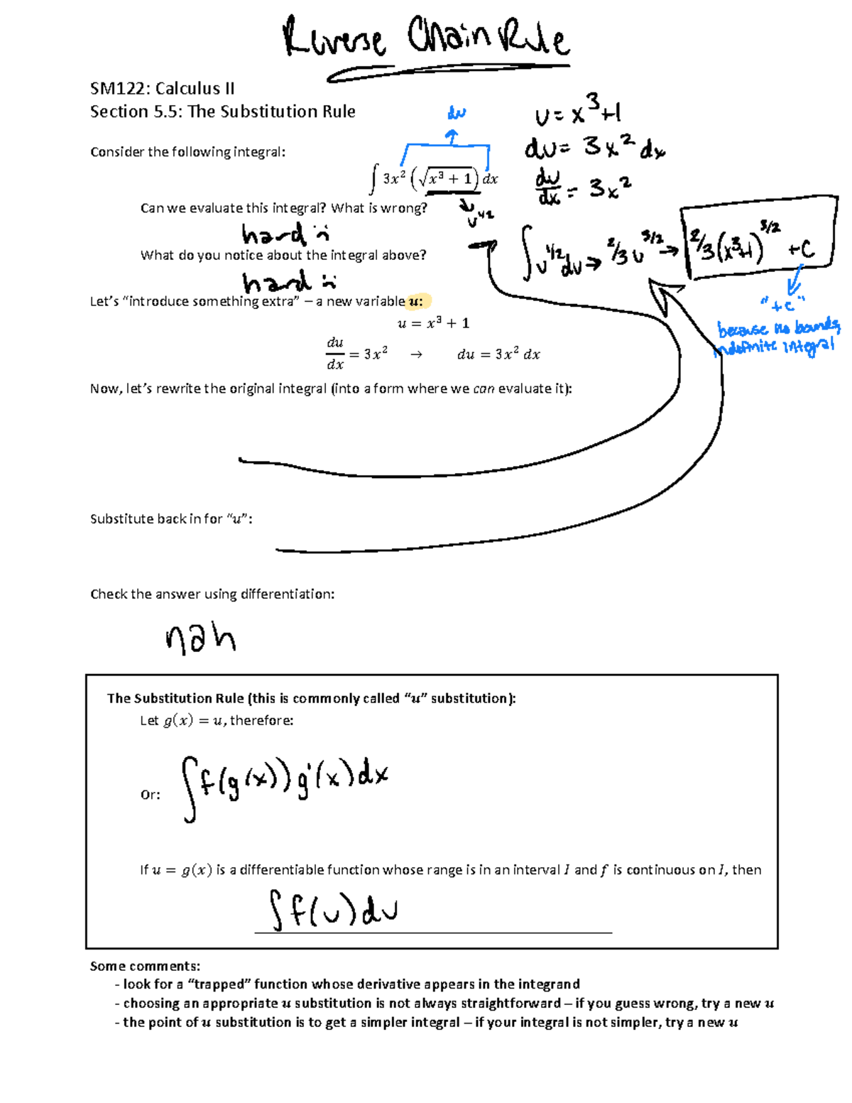 SM122: Calculus II - Practice Problems on U-Substitution and Integrals ...