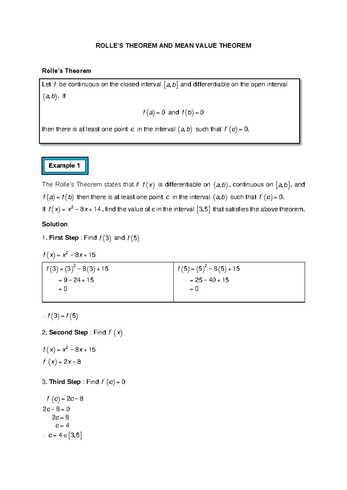 Rolle's Theorem and Mean Value Theorem - ROLLE’S THEOREM AND MEAN VALUE ...
