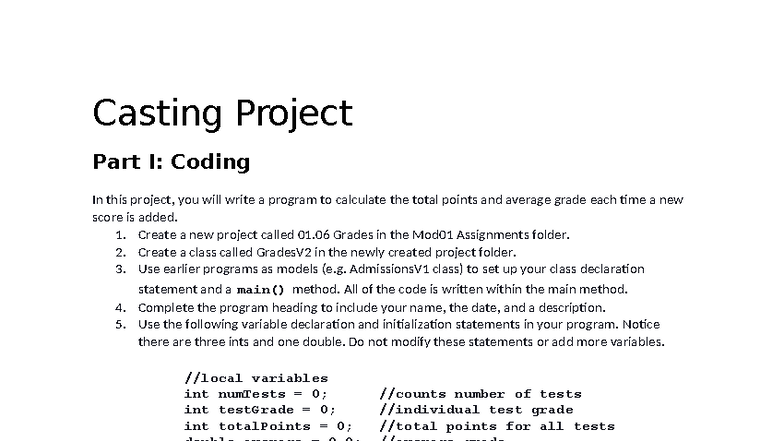 Casting Project Part I: Grades Calculation (0106) - Studocu