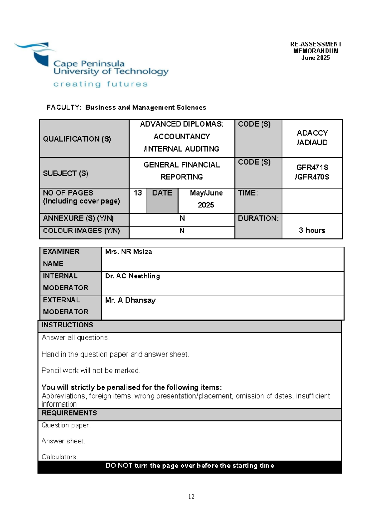 GFR471S June 2025 Memo - Practice Material for Accountancy Exam - Studocu