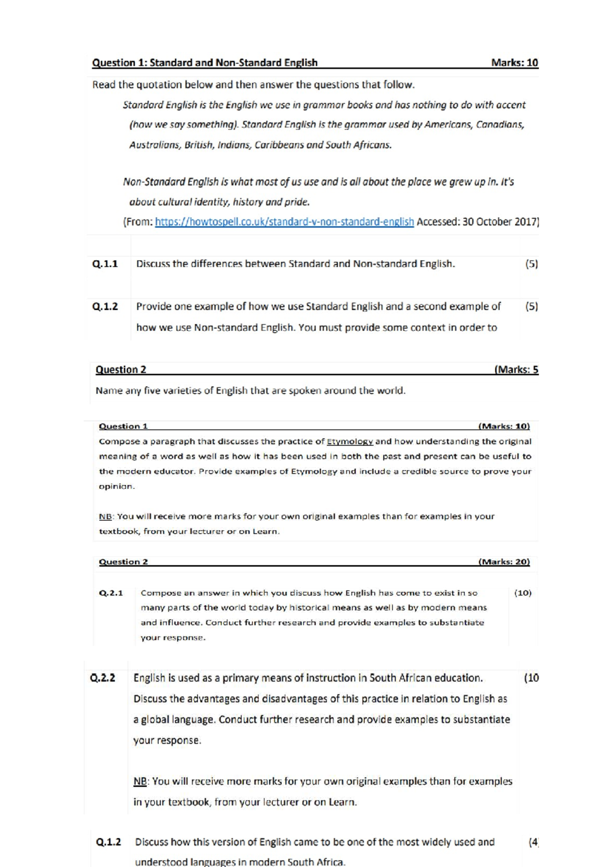 MOCK TEST 2: Understanding Standard English & Etymology in Class - Studocu