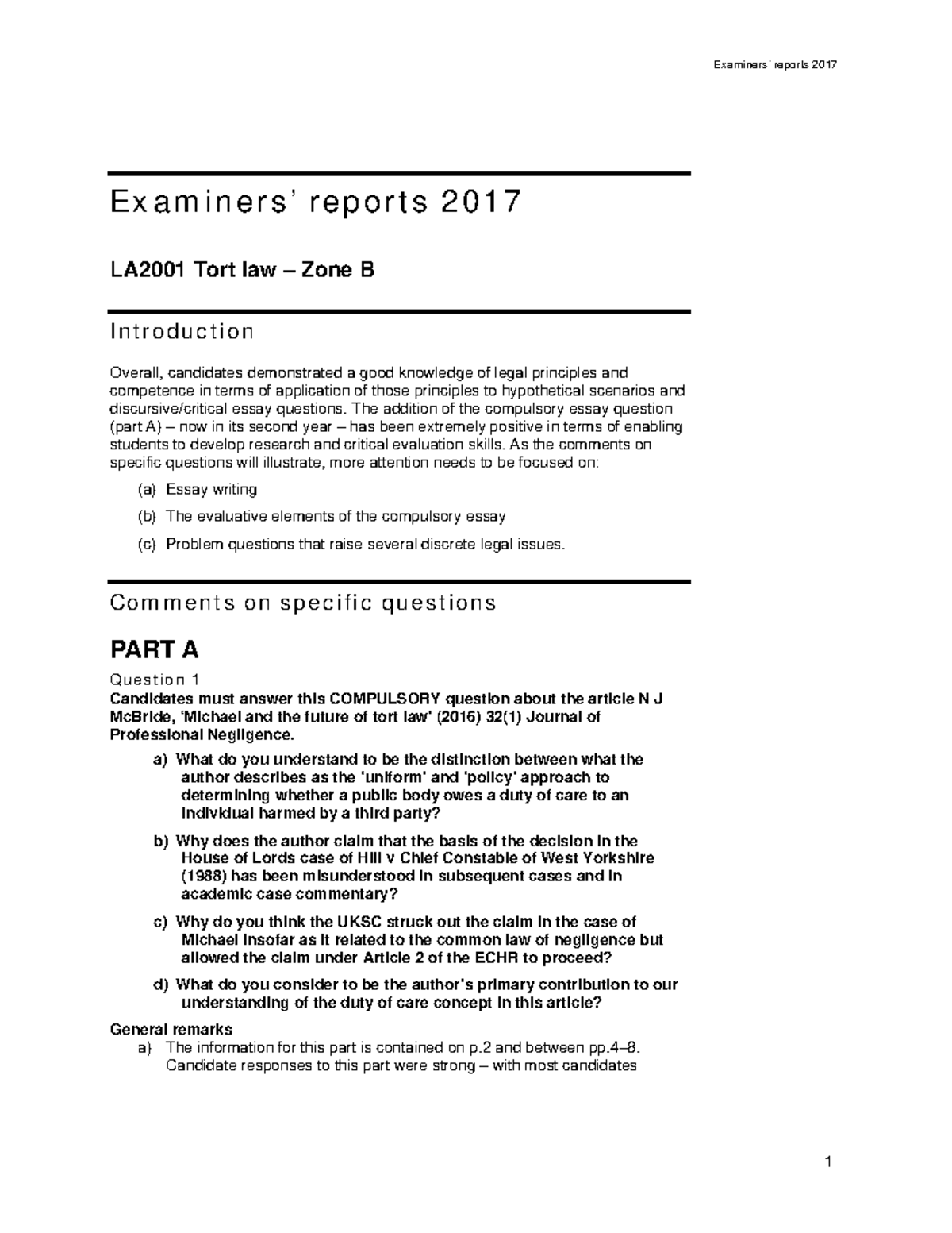 LA2001 Exam 7 May 2017: Questions & Answers on Tort Law - Studocu