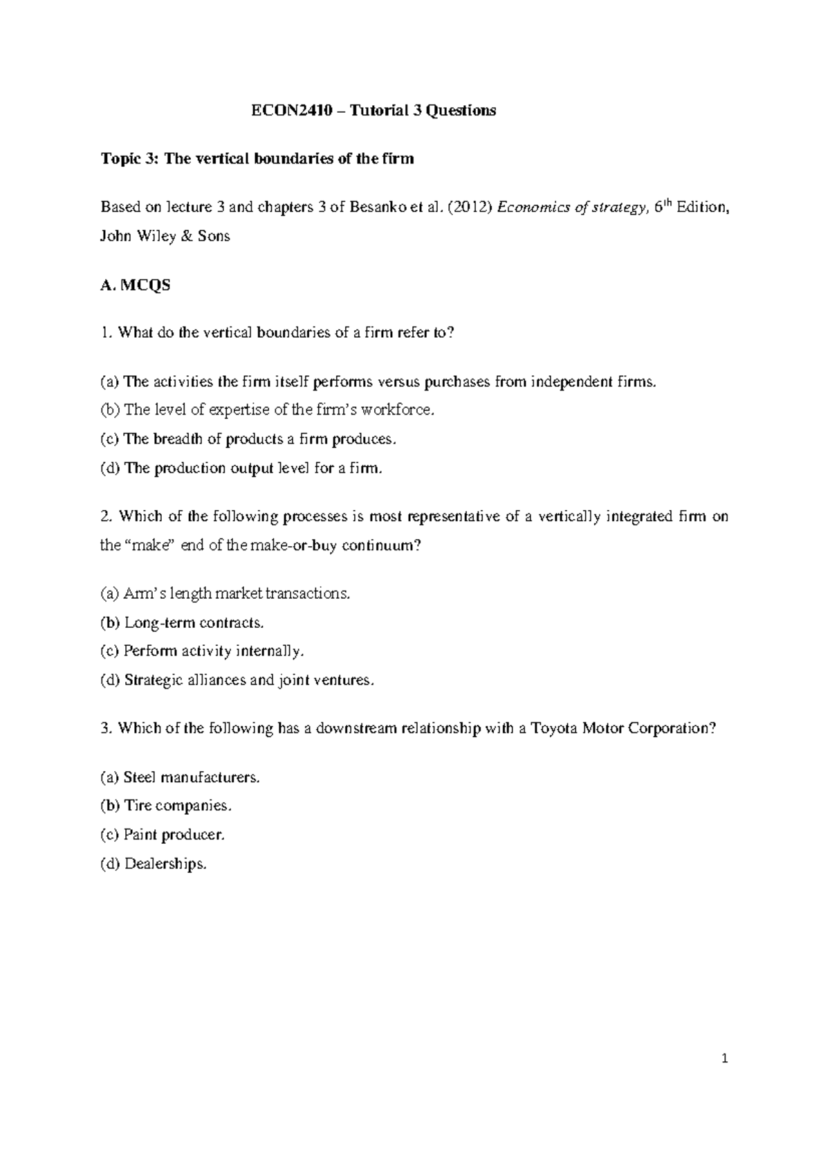 ECON2410 Tutorial 3 Questions: Vertical Boundaries of the Firm - Studocu