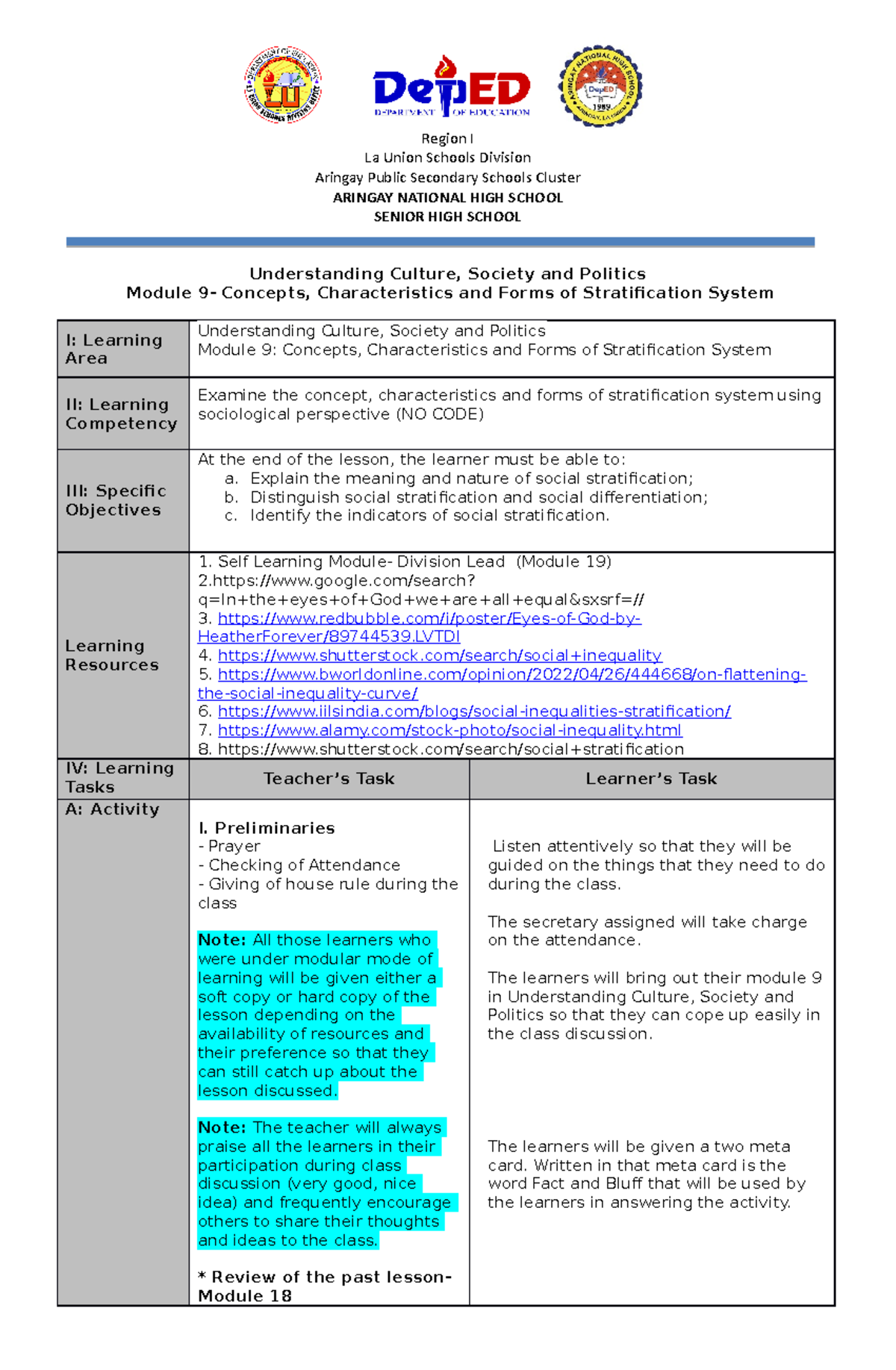 DLL COT Sample: Module 9 on Social Stratification Concepts - Studocu